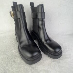 Steve Madden Boots Womens 7 Black Faux Leather Chelsea Ankle Lug Buckle Moto